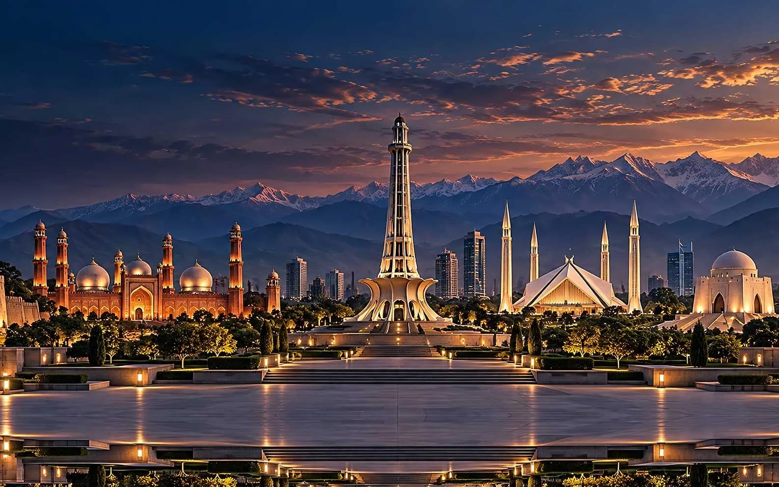 Composite Pakistan skyline featuring national landmarks at dusk